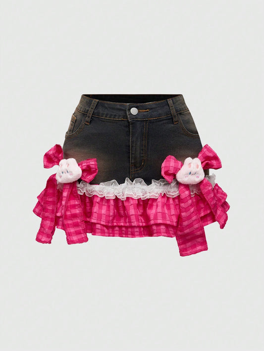ROMWE Kawaii Falda de mezclilla en línea A con parches y moños lindos para mujer estilo Gyaru