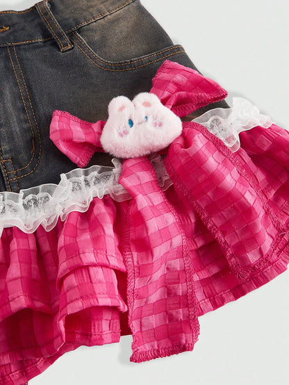 ROMWE Kawaii Falda de mezclilla en línea A con parches y moños lindos para mujer estilo Gyaru