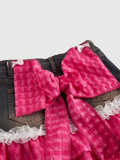 ROMWE Kawaii Falda de mezclilla en línea A con parches y moños lindos para mujer estilo Gyaru
