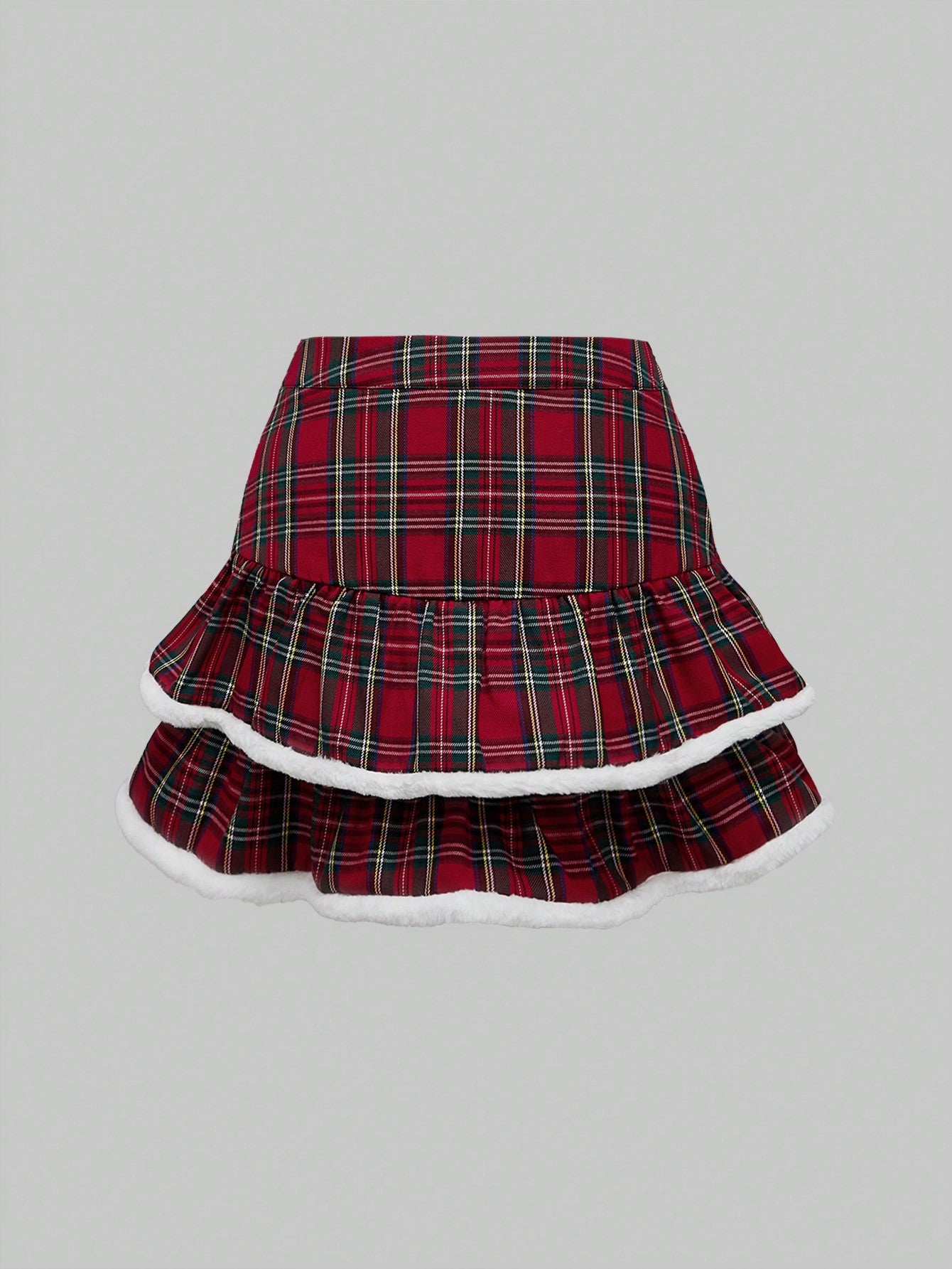 ROMWE Kawaii Falda esponjosa con volantes y estampado de cuadros navideños para mujer