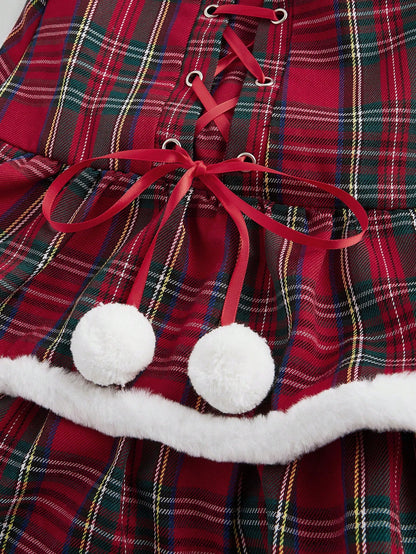 ROMWE Kawaii Falda esponjosa con volantes y estampado de cuadros navideños para mujer