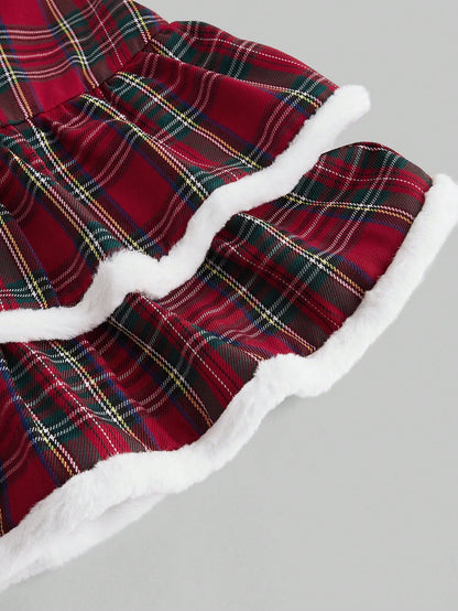 ROMWE Kawaii Falda esponjosa con volantes y estampado de cuadros navideños para mujer