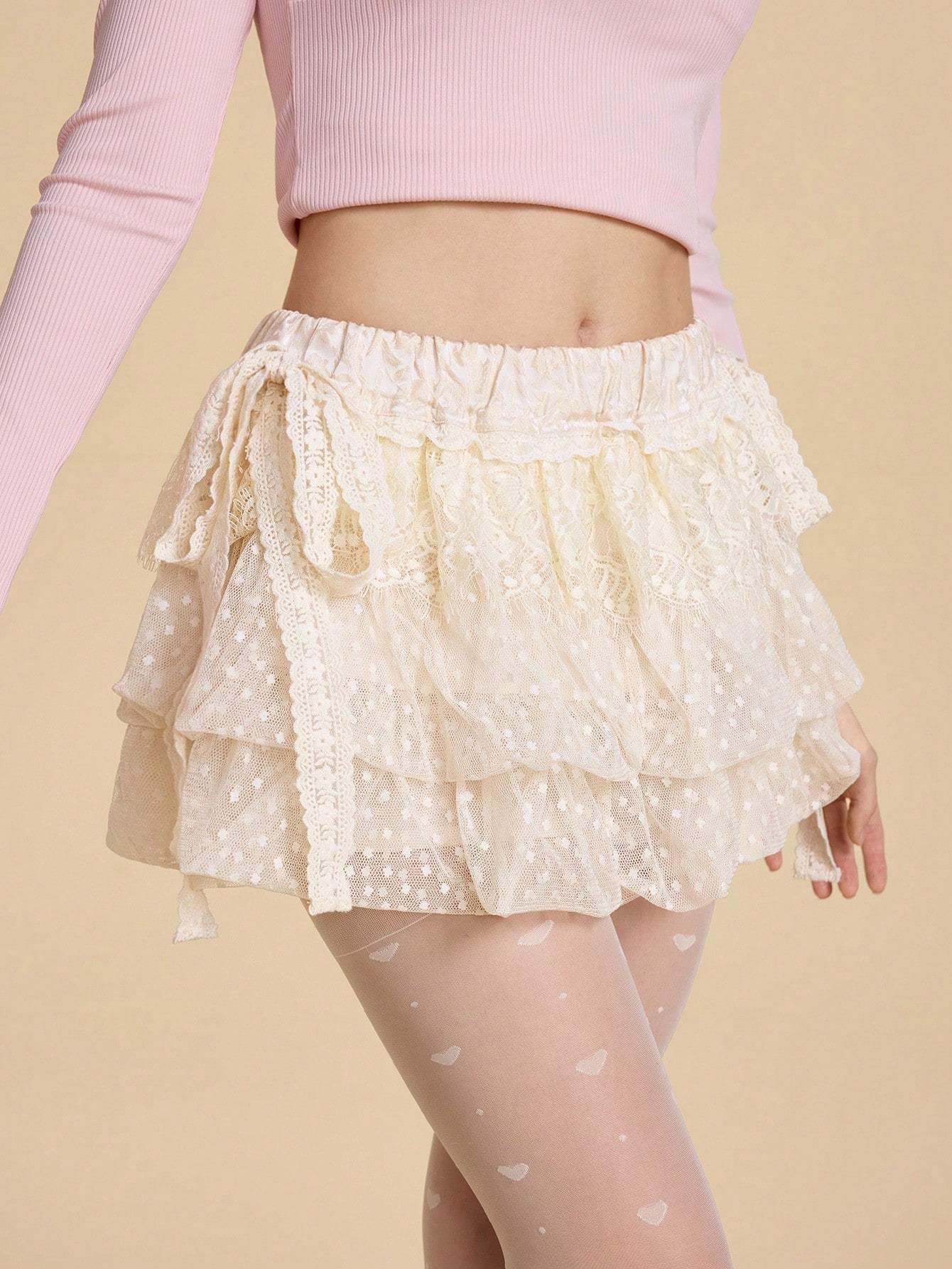 ROMWE Kawaii Falda jacquard con decoración de lazo, de volantes superpuestos y con borde de encaje, femenina y dulce