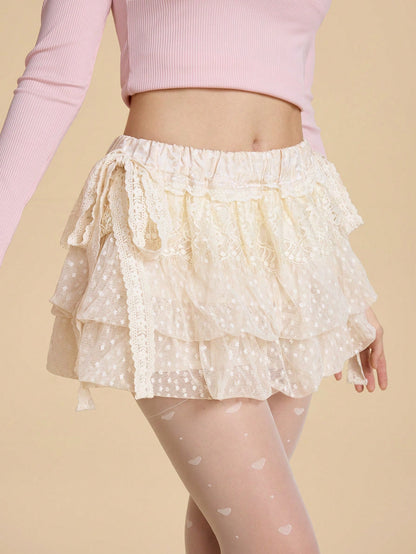 ROMWE Kawaii Falda jacquard con decoración de lazo, de volantes superpuestos y con borde de encaje, femenina y dulce