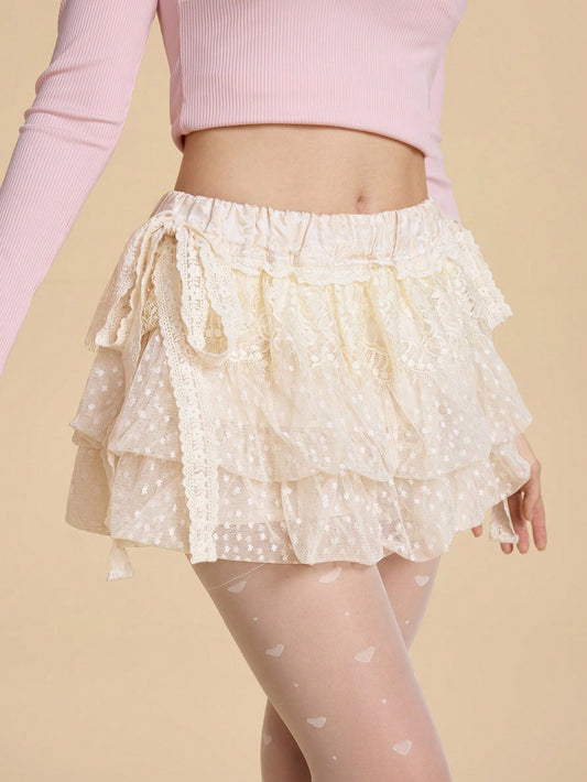 ROMWE Kawaii Falda jacquard con decoración de lazo, de volantes superpuestos y con borde de encaje, femenina y dulce