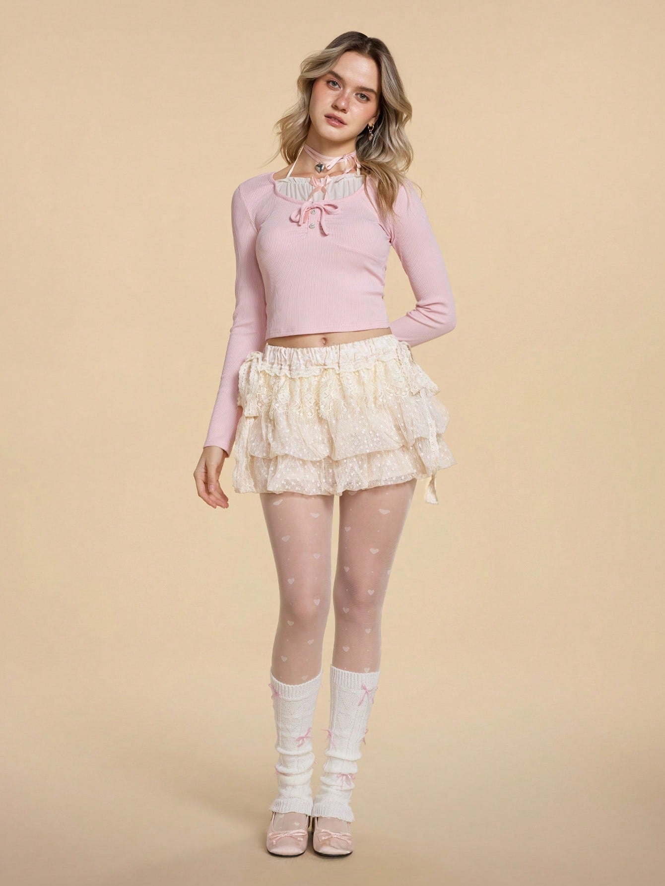 ROMWE Kawaii Falda jacquard con decoración de lazo, de volantes superpuestos y con borde de encaje, femenina y dulce