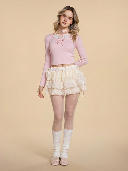 ROMWE Kawaii Falda jacquard con decoración de lazo, de volantes superpuestos y con borde de encaje, femenina y dulce