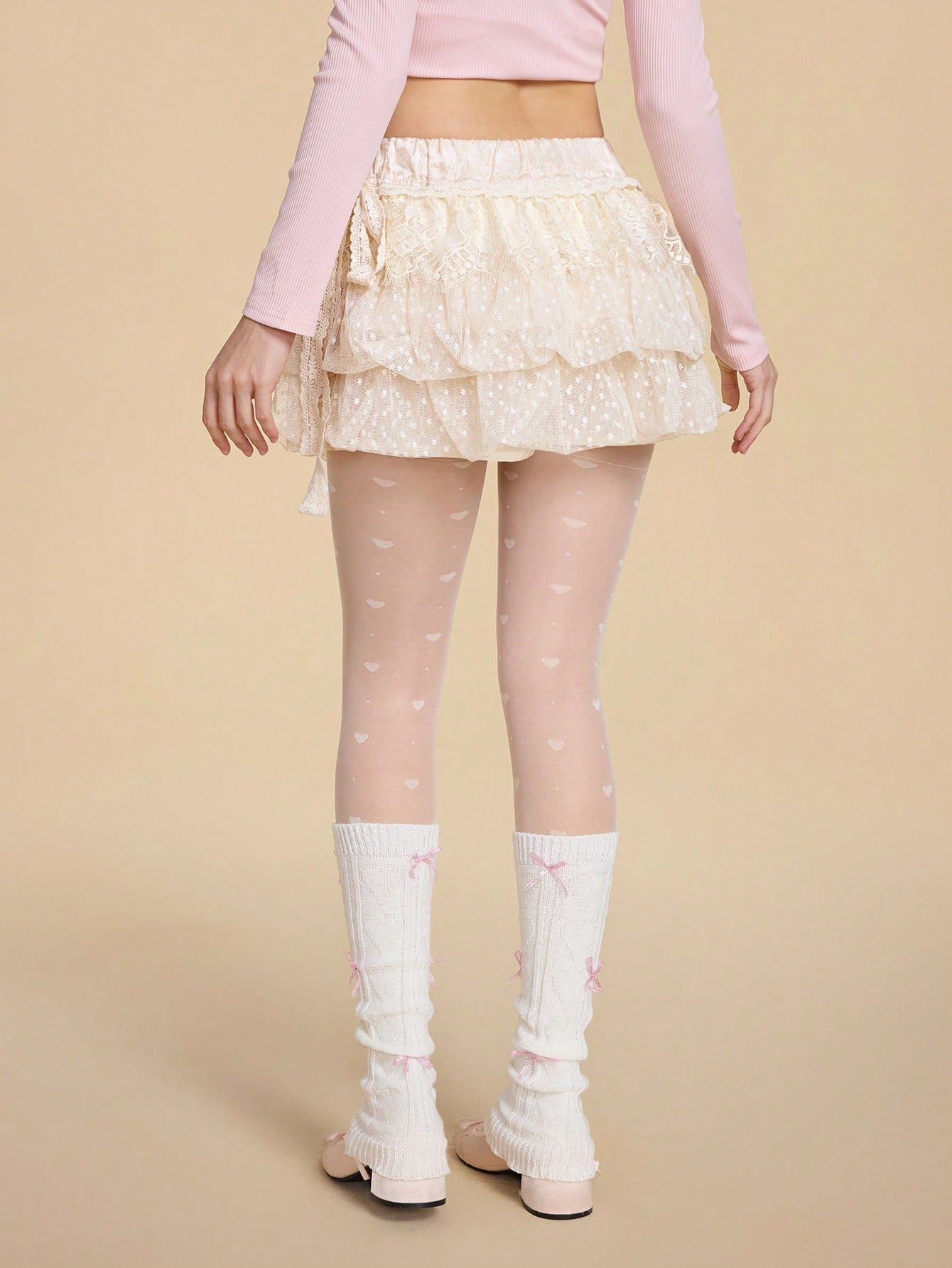 ROMWE Kawaii Falda jacquard con decoración de lazo, de volantes superpuestos y con borde de encaje, femenina y dulce