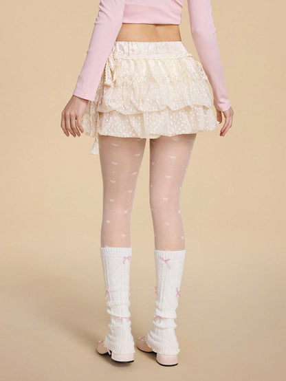 ROMWE Kawaii Falda jacquard con decoración de lazo, de volantes superpuestos y con borde de encaje, femenina y dulce