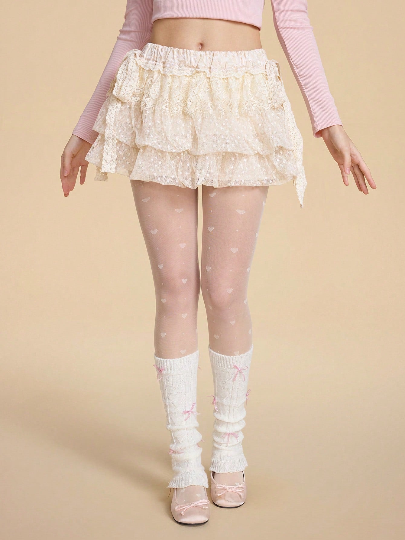 ROMWE Kawaii Falda jacquard con decoración de lazo, de volantes superpuestos y con borde de encaje, femenina y dulce