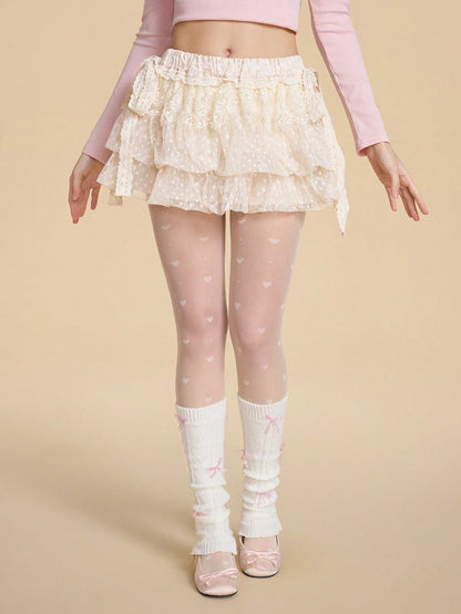ROMWE Kawaii Falda jacquard con decoración de lazo, de volantes superpuestos y con borde de encaje, femenina y dulce