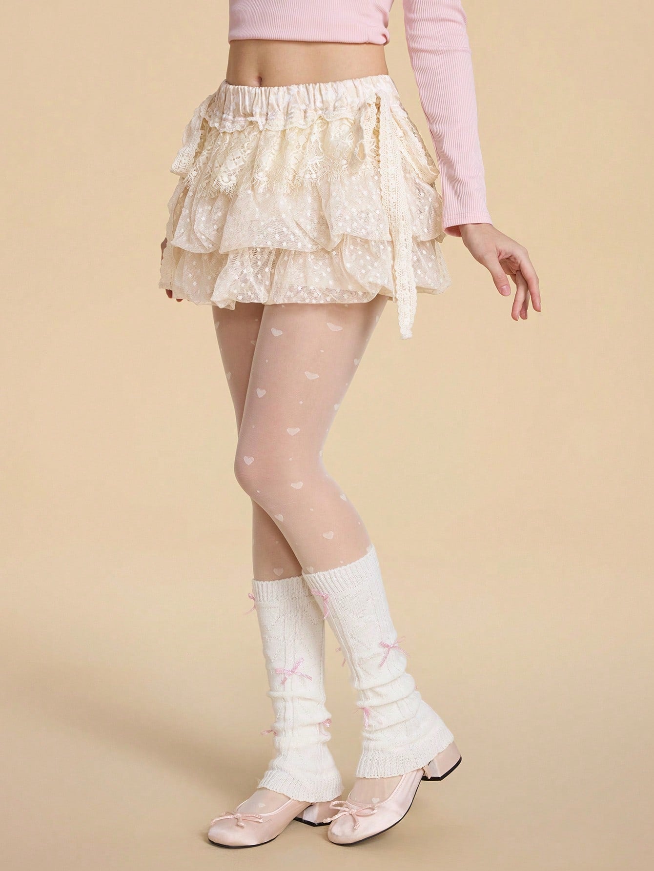ROMWE Kawaii Falda jacquard con decoración de lazo, de volantes superpuestos y con borde de encaje, femenina y dulce