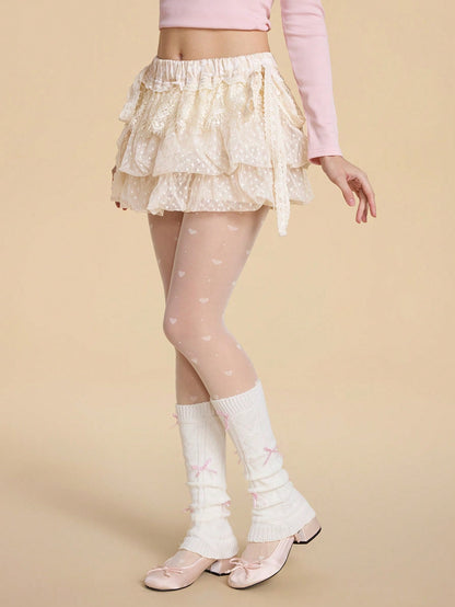 ROMWE Kawaii Falda jacquard con decoración de lazo, de volantes superpuestos y con borde de encaje, femenina y dulce