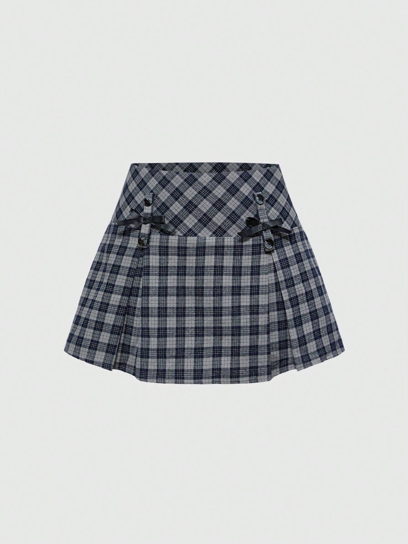 ROMWE Kawaii Falda mini casual de línea A con decoración de lazo a cuadros para mujer, verano