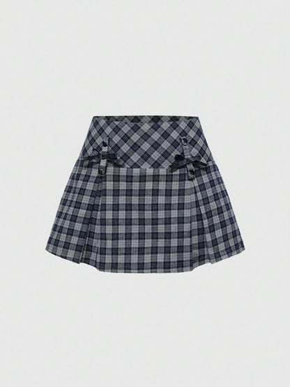 ROMWE Kawaii Falda mini casual de línea A con decoración de lazo a cuadros para mujer, verano