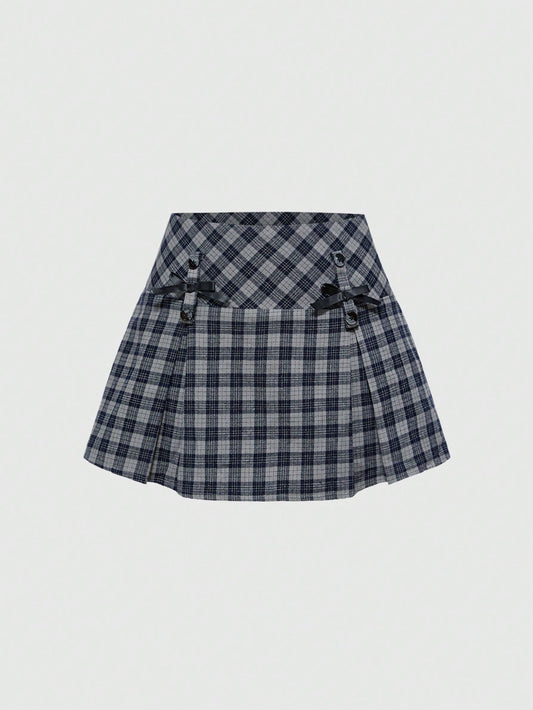 ROMWE Kawaii Falda mini casual de línea A con decoración de lazo a cuadros para mujer, verano