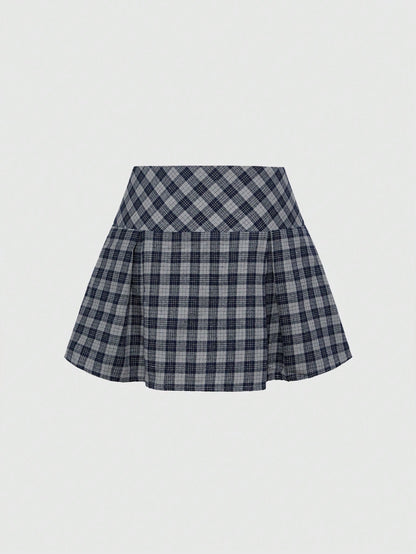 ROMWE Kawaii Falda mini casual de línea A con decoración de lazo a cuadros para mujer, verano