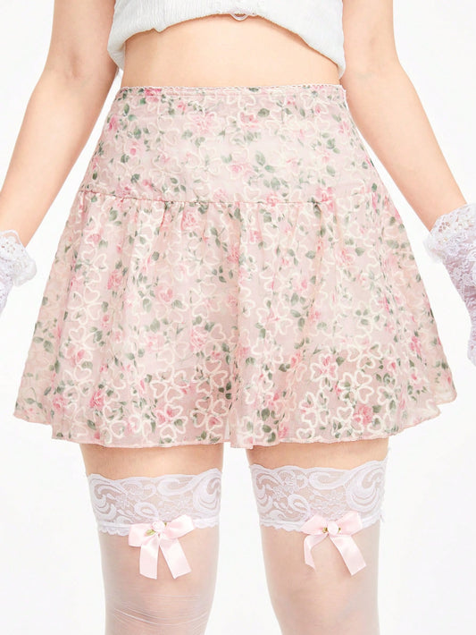 ROMWE Kawaii Falda mini de jadquard bordada rosa con estilo sexy minimalista y diseño de corazón para mujer