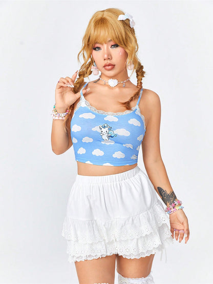 ROMWE Kawaii Linda Camiseta De Tirantes Para Mujer Con Nube De Dibujos Animados Y Bordado