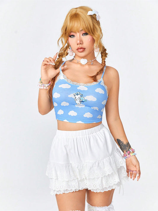 ROMWE Kawaii Linda Camiseta De Tirantes Para Mujer Con Nube De Dibujos Animados Y Bordado