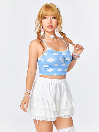 ROMWE Kawaii Linda Camiseta De Tirantes Para Mujer Con Nube De Dibujos Animados Y Bordado