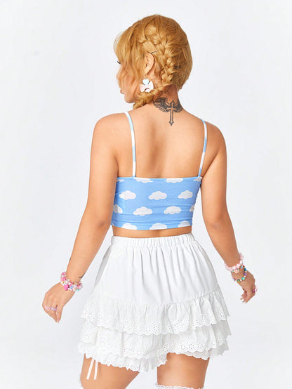 ROMWE Kawaii Linda Camiseta De Tirantes Para Mujer Con Nube De Dibujos Animados Y Bordado