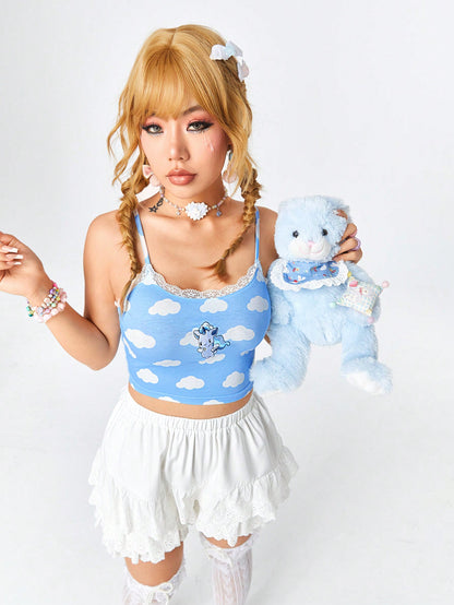ROMWE Kawaii Linda Camiseta De Tirantes Para Mujer Con Nube De Dibujos Animados Y Bordado