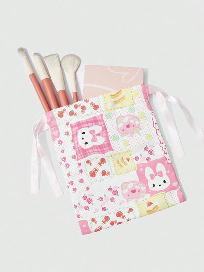 ROMWE Kawaii Linda bolsa de almacenamiento con cordón y estampado de dibujos animados, práctica bolsa de maquillaje portátil