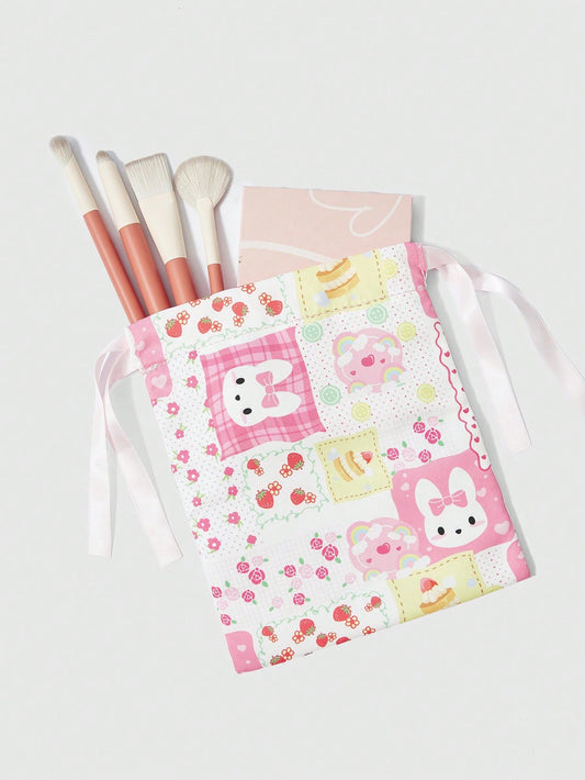 ROMWE Kawaii Linda bolsa de almacenamiento con cordón y estampado de dibujos animados, práctica bolsa de maquillaje portátil