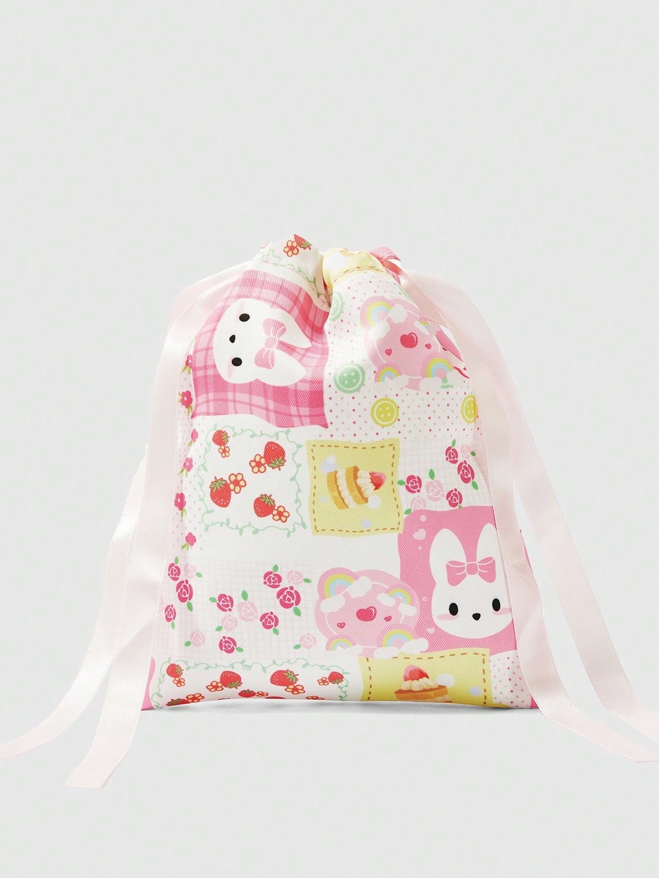 ROMWE Kawaii Linda bolsa de almacenamiento con cordón y estampado de dibujos animados, práctica bolsa de maquillaje portátil