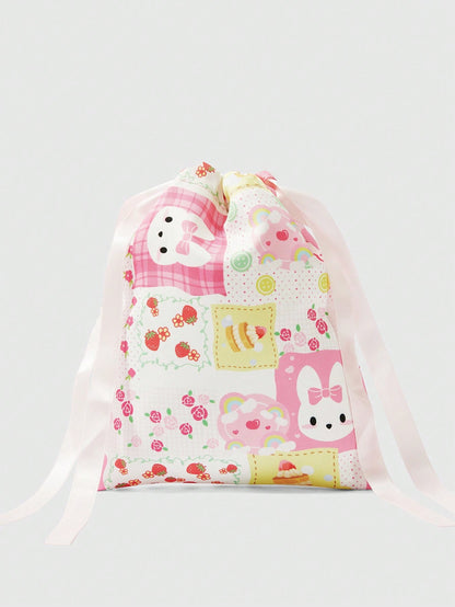 ROMWE Kawaii Linda bolsa de almacenamiento con cordón y estampado de dibujos animados, práctica bolsa de maquillaje portátil