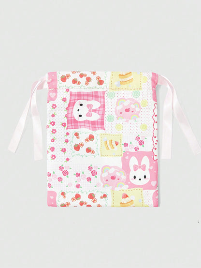 ROMWE Kawaii Linda bolsa de almacenamiento con cordón y estampado de dibujos animados, práctica bolsa de maquillaje portátil