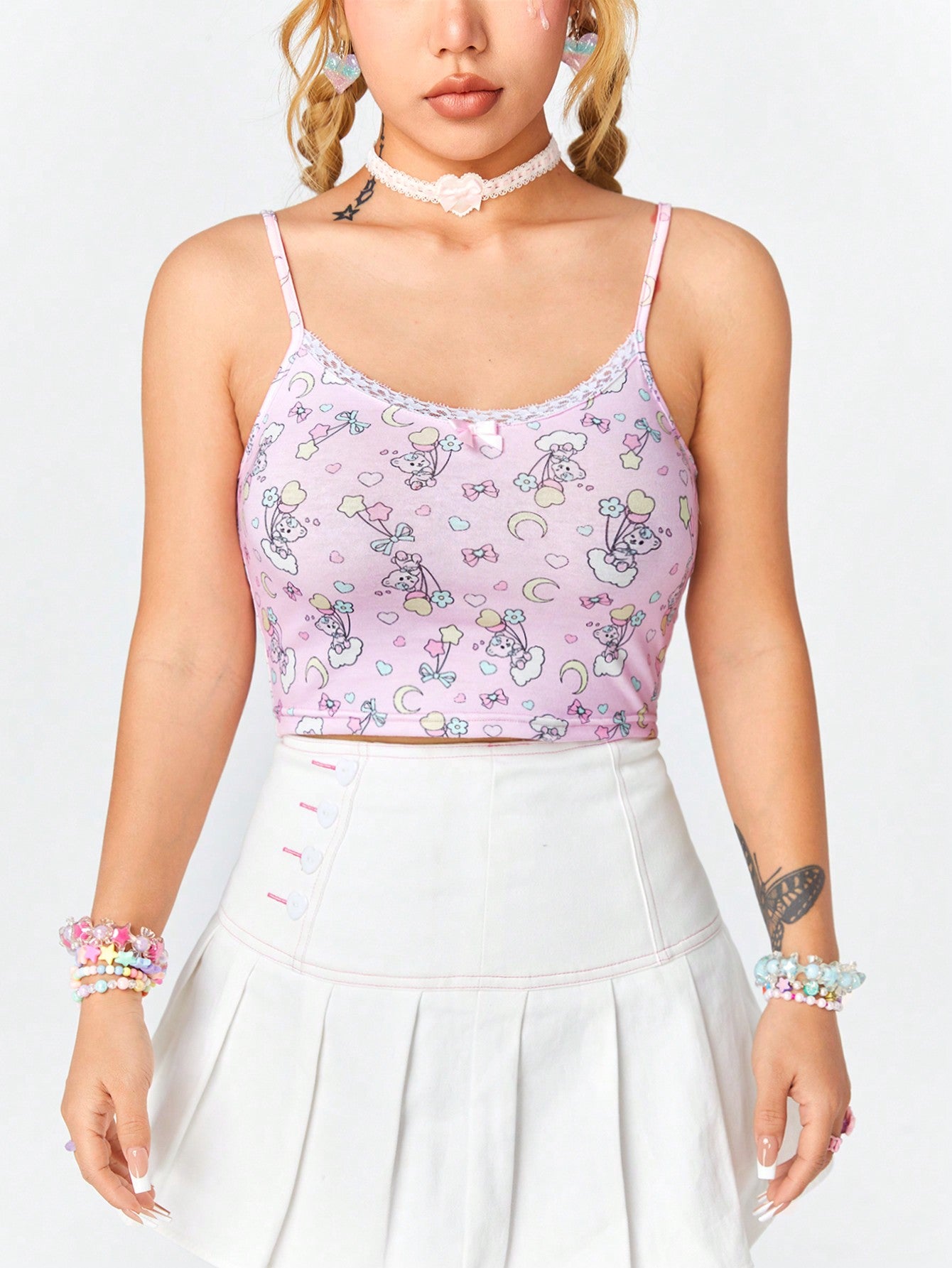 ROMWE Kawaii Lindo Top De Tirantes Con Estampado Y Borde De Encaje