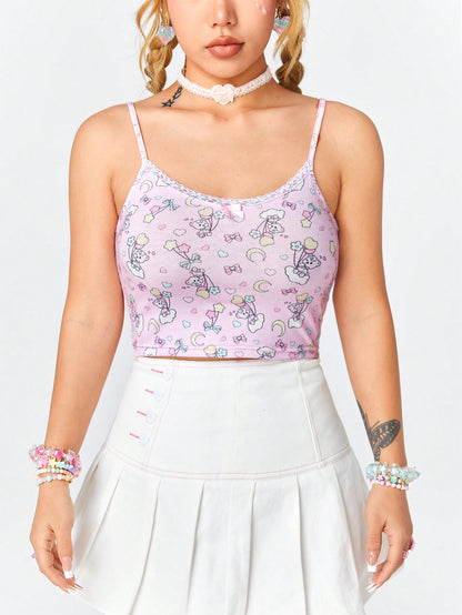 ROMWE Kawaii Lindo Top De Tirantes Con Estampado Y Borde De Encaje