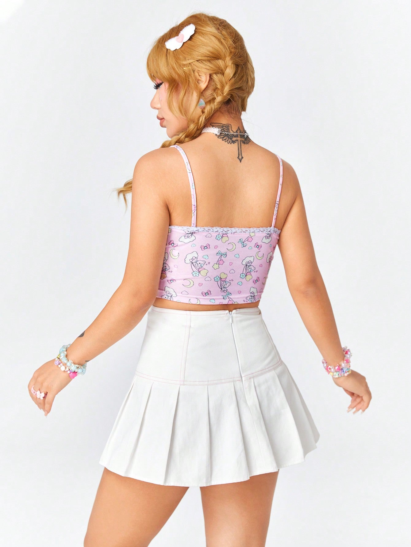 ROMWE Kawaii Lindo Top De Tirantes Con Estampado Y Borde De Encaje