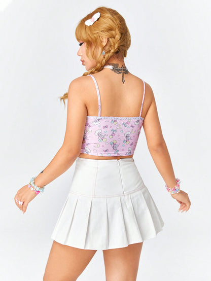 ROMWE Kawaii Lindo Top De Tirantes Con Estampado Y Borde De Encaje