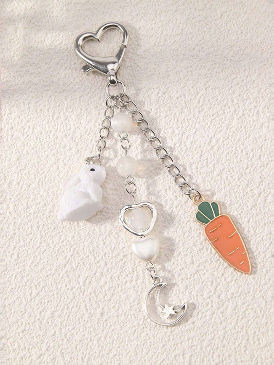 ROMWE Kawaii Llavero De Cuentas Con Conejo Lindo, Zanahoria, Corazón, Luna Y Estrella, Regalo De Pascua