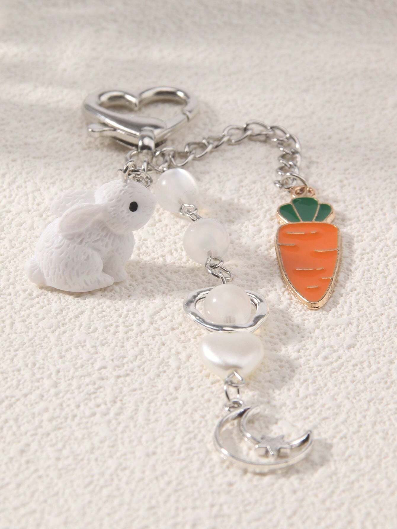 ROMWE Kawaii Llavero De Cuentas Con Conejo Lindo, Zanahoria, Corazón, Luna Y Estrella, Regalo De Pascua
