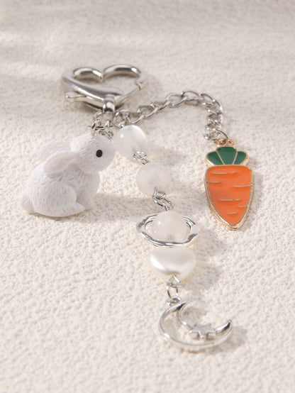 ROMWE Kawaii Llavero De Cuentas Con Conejo Lindo, Zanahoria, Corazón, Luna Y Estrella, Regalo De Pascua