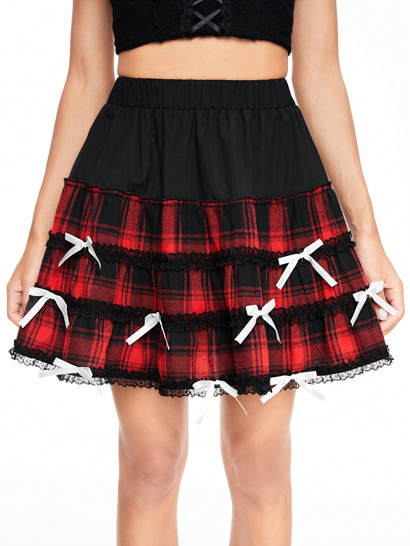 ROMWE Kawaii Minifalda dulce de mujer con diseño a cuadros, encaje de contraste y adorno de lazo, verano