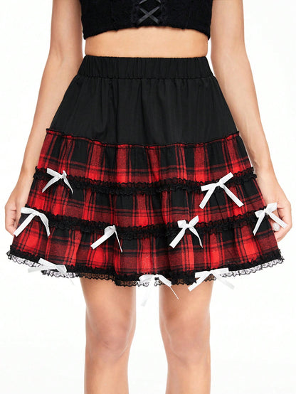 ROMWE Kawaii Minifalda dulce de mujer con diseño a cuadros, encaje de contraste y adorno de lazo, verano