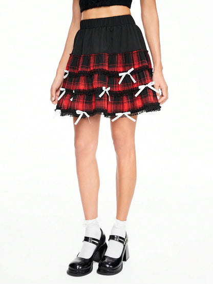 ROMWE Kawaii Minifalda dulce de mujer con diseño a cuadros, encaje de contraste y adorno de lazo, verano
