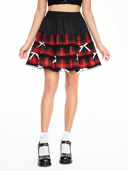 ROMWE Kawaii Minifalda dulce de mujer con diseño a cuadros, encaje de contraste y adorno de lazo, verano