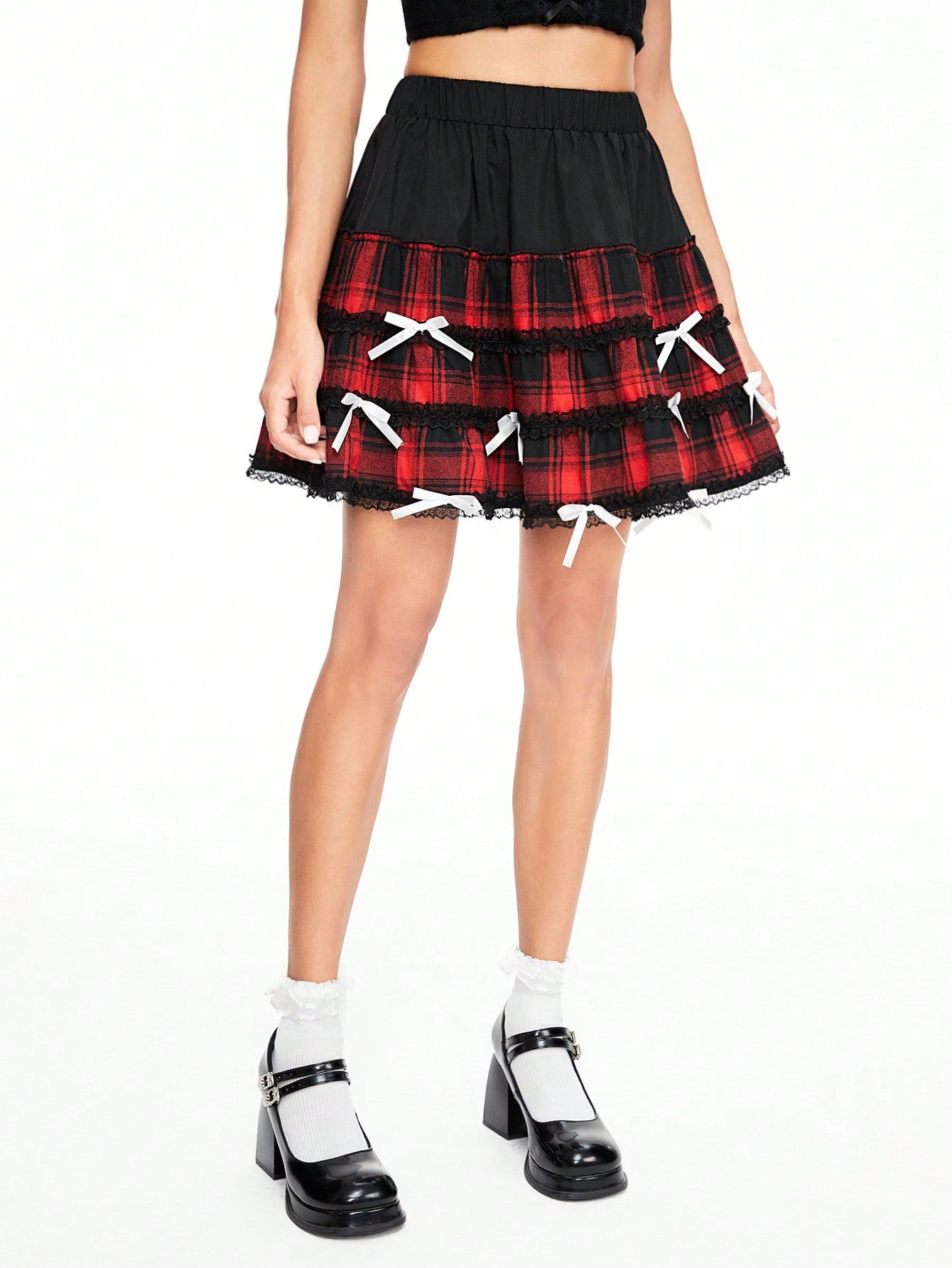 ROMWE Kawaii Minifalda dulce de mujer con diseño a cuadros, encaje de contraste y adorno de lazo, verano