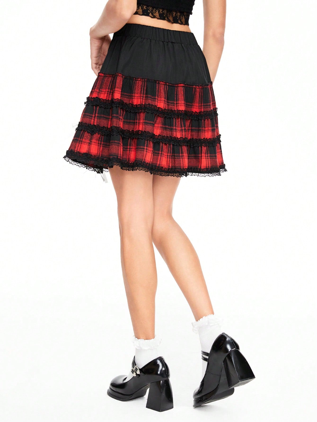 ROMWE Kawaii Minifalda dulce de mujer con diseño a cuadros, encaje de contraste y adorno de lazo, verano