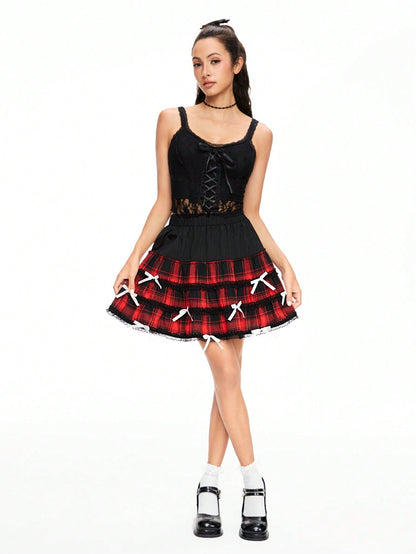 ROMWE Kawaii Minifalda dulce de mujer con diseño a cuadros, encaje de contraste y adorno de lazo, verano
