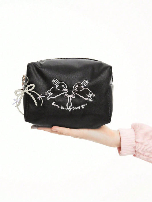 ROMWE Kawaii Modelo: 336027 Bolsa de cosméticos para mujer con bordado de conejo y lazo, billetera multifuncional, organizador de artículos de tocador de viaje, regalo para dama de honor