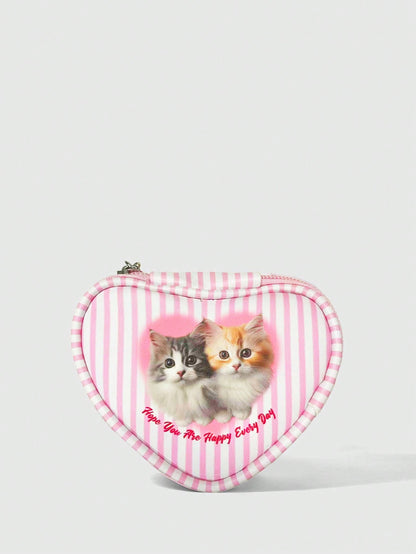 ROMWE Kawaii Monedero y bolsa de almacenamiento con forma de gato de rayas de dibujos animados lindos color rosa 348640