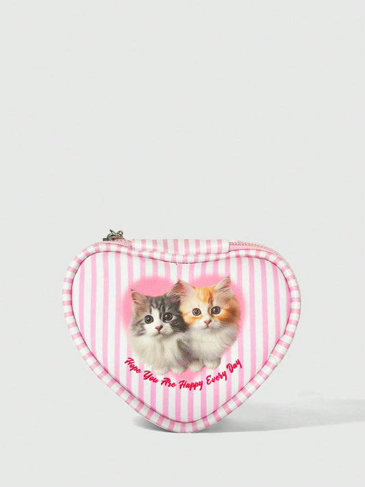 ROMWE Kawaii Monedero y bolsa de almacenamiento con forma de gato de rayas de dibujos animados lindos color rosa 348640