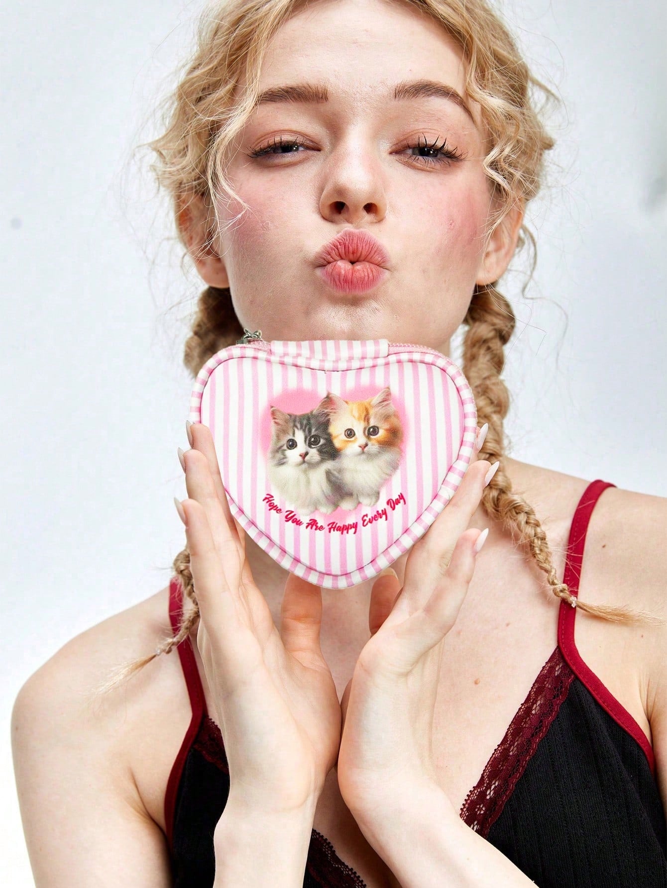 ROMWE Kawaii Monedero y bolsa de almacenamiento con forma de gato de rayas de dibujos animados lindos color rosa 348640